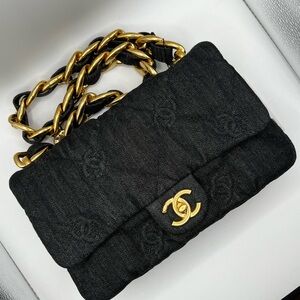 Authentic Chanel Black Denim Quilted Shoulder Bag